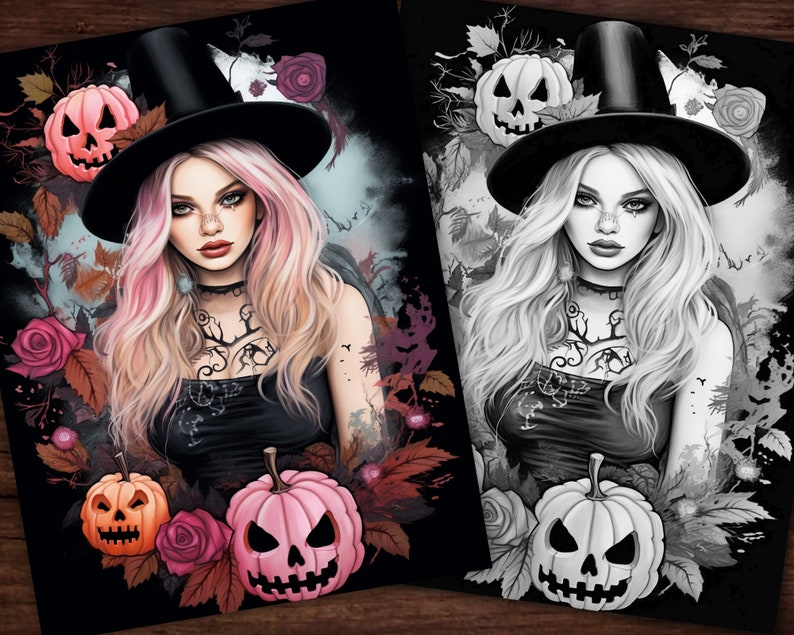 33 Beautiful Witches Coloring Book, Adults + kids- Download - Grayscale Coloring Page - Gift, Printable PDF, Halloween, skulls, beautiful, image 5