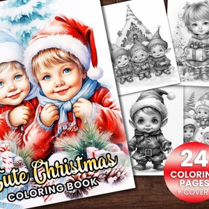24 Cute Christmas Elf Coloring Page Book, Adults + kids Instant Download Grayscale Coloring Page, Printable PDF Elves, Christmas, Adorable