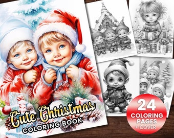 24 Lindo libro de páginas para colorear de elfos navideños, adultos + niños Descarga instantánea de página para colorear en escala de grises, Elfos PDF imprimibles, Navidad, Adorable