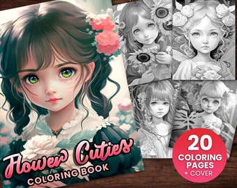 20 Delicate Flower Cuties Forest Fairy Girls Anime Coloring Page, Adults + kids- Instant Download - Grayscale Coloring Page, Gift Printable
