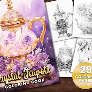 Op de afbeelding: Een kleurboek met 29 pagina's vol gedetailleerde illustraties van kristallen theepotten met bloemmotieven. De omslag toont een gedetailleerde illustratie van een gouden theepot met paarse bloemen en de titel "Crystal Teapots Coloring Book".