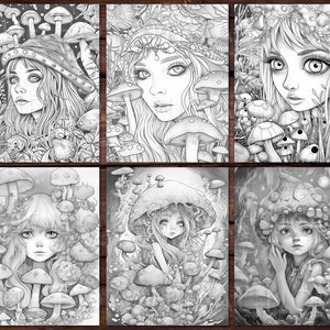 May include: Six black and white illustrations of girls with long hair surrounded by mushrooms. Each girl is wearing a different crown or headpiece made of mushrooms.