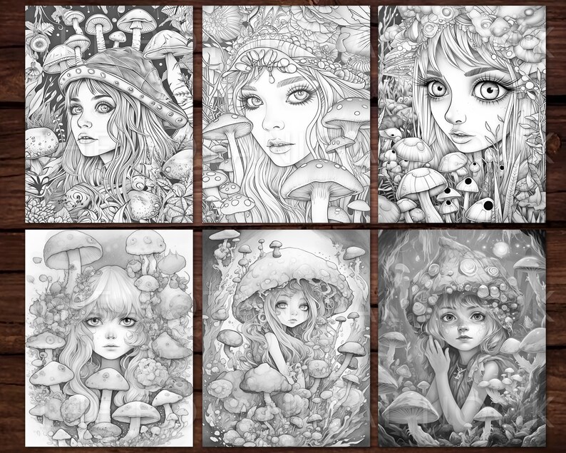 May include: Six black and white illustrations of girls with long hair surrounded by mushrooms. Each girl is wearing a different crown or headpiece made of mushrooms.
