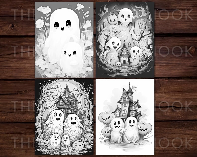 Puede incluir: Cuatro ilustraciones en blanco y negro de escenas de Halloween con fantasmas y casas encantadas. La primera imagen muestra dos fantasmas en un campo de flores. La segunda imagen muestra una casa encantada con fantasmas y calabazas. La tercera imagen muestra una familia de fantasmas frente a una casa encantada. La cuarta imagen muestra dos fantasmas frente a una casa encantada con calabazas.