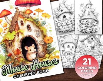 Maus Häuser Malbuch, Erwachsene Kinder Sofort Download - Graustufen Malbuch - Printable PDF, Mäuse und Maus, Märchen Färbung