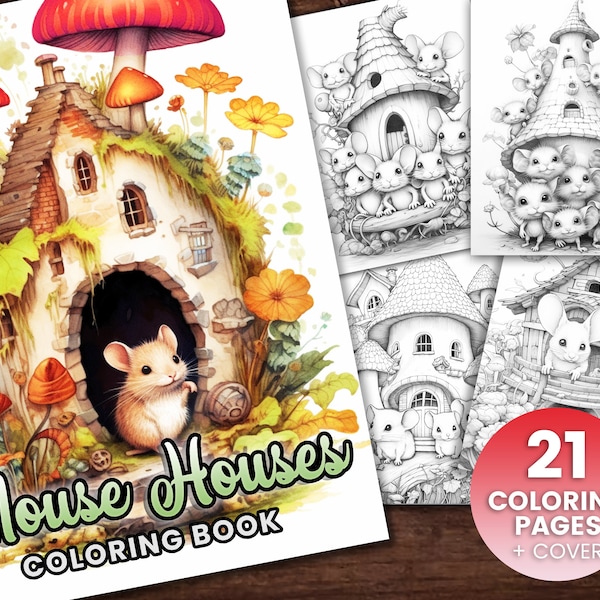 Mouse houses Coloring Book, Adults kids Instant Download -Grayscale Coloring Book - Printable PDF,  mice and mouse, fairytale coloring