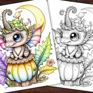 Baby Woodland Dragon #1 Fantasy Coloring Page, Adults + kids- Instant Download Grayscale Coloring Page, Printable PDF, Dragons coloring