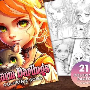 Farm Darlings Coloring Book, Adults + kids- Instant Download - Grayscale Coloring Page - Gift, Printable PDF, farm animals, cute girls, pig