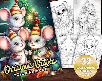 32 Christmas Critters Cute Animal Coloring Page Book, Adults + kids Instant Download Grayscale Coloring Page, Printable PDF Squirrel, Fox