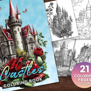 21 Castillos Elegante libro para colorear, Descarga instantánea para adultos Página para colorear en escala de grises PDF imprimible, cabañas, castillos medievales, hermosos imagen 1