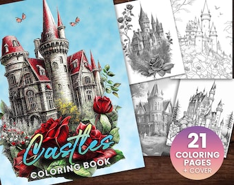 21 Castillos Elegante libro para colorear, Descarga instantánea para adultos -Página para colorear en escala de grises - PDF imprimible, cabañas, castillos medievales, hermosos