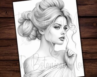 Hermosa dama boda moño peinado página para colorear, adultos y niños- Descarga instantánea - Página para colorear en escala de grises - Regalo, PDF, Precioso