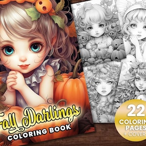 22 Fall Darlings Autumn Coloring Book, Adults + kids- Download - Grayscale Coloring Page - Gift, Printable PDF, Halloween, pumpkins, Fall