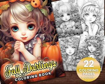 22 Fall Darlings, livre de coloriage d'automne, adultes + enfants - Téléchargement - Coloriage en niveaux de gris - Cadeau, PDF imprimable, Halloween, citrouilles, automne