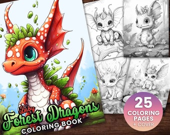 25 Libro de páginas para colorear de fantasía de Baby Forest Dragon, adultos + niños- Descarga instantánea de página para colorear en escala de grises, PDF imprimible, colorear dragones