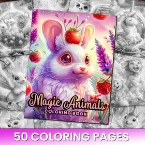 50 Magical Animals Variety, Adorable, Owl, Duck, Mice, Coloring Page Book, Adults + kids Instant Download Grayscale Coloring Page, adorable