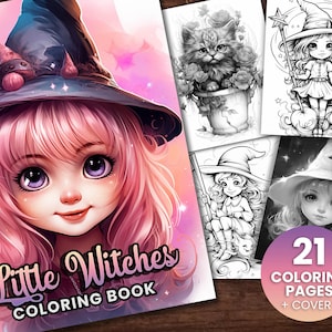 21 Little Witches Coloring Book, Adults + kids- Download - Grayscale Coloring Page - Gift, Printable PDF, Halloween, witches, fairies, cute