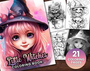 Op de afbeelding: Een kleurboekomslag met een schattige cartoonheks met roze haar en een paarse hoed. De tekst op de omslag luidt "Little Witches Coloring Book" en "21 Coloring Pages + Cover".
