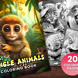 May include: A coloring book cover featuring a cute monkey holding onto a tree branch. The cover has the title "Baby Jungle Animals Coloring Book" and a graphic of 20 coloring pages plus a cover.