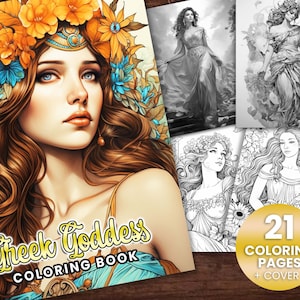 21 Greek Goddess Coloring Page, Adults + kids- Download - Grayscale Coloring Page - Gift, Printable PDF, beautiful greyscale women, greek