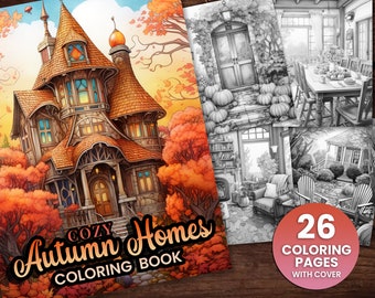 26 Cozy Autumn Homes Coloring Book, Adults + kids- Download - Grayscale Coloring Page - Gift, Printable PDF, Houses Halloween, pumpkins Fall