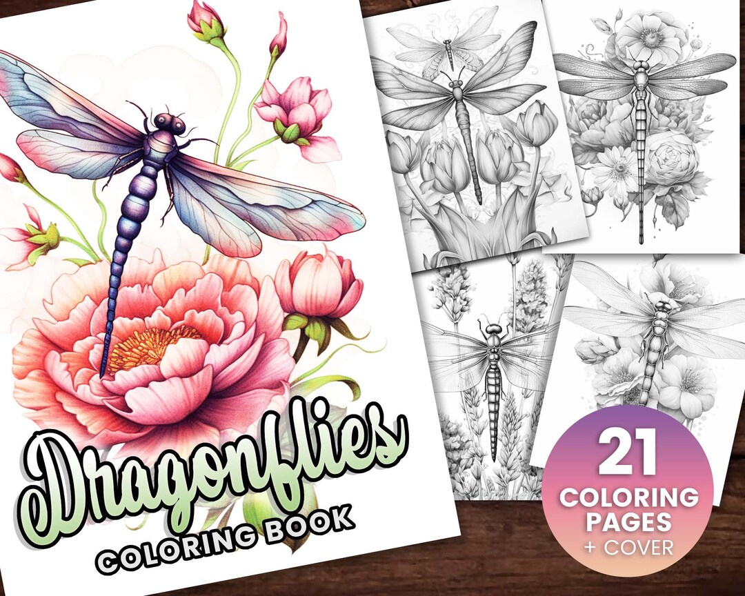21 Dragonflies Coloring Book, Adults Kids Instant Download -grayscale ...