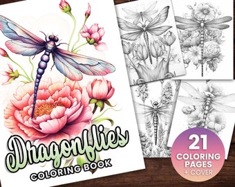 21 Dragonflies Coloring Book, Adults kids Instant Download -Grayscale Coloring Book - Printable PDF,  Dragonfly coloring, Flowers, Beauty