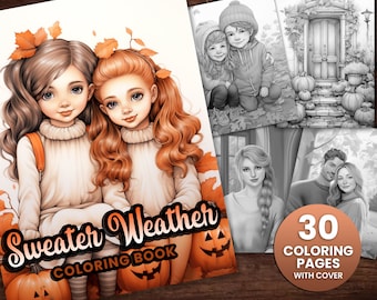 30 Sweater Weather Autumn Coloring Book, Adultes + enfants- Télécharger - Page de coloriage en niveaux de gris - Cadeau, PDF imprimable, Halloween, citrouilles, Automne