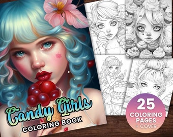 25 Candy Girls Spring Summer Coloring Page Book for Adults + kids - Instant Download Grayscale Coloring Page, Printable PDF, Girl coloring