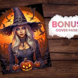 May include: A witch with long blonde hair wearing a black pointed hat and a black dress. She is holding a carved pumpkin in her right hand and two smaller pumpkins in her left hand. The background is a dark orange with bats flying around a full moon.