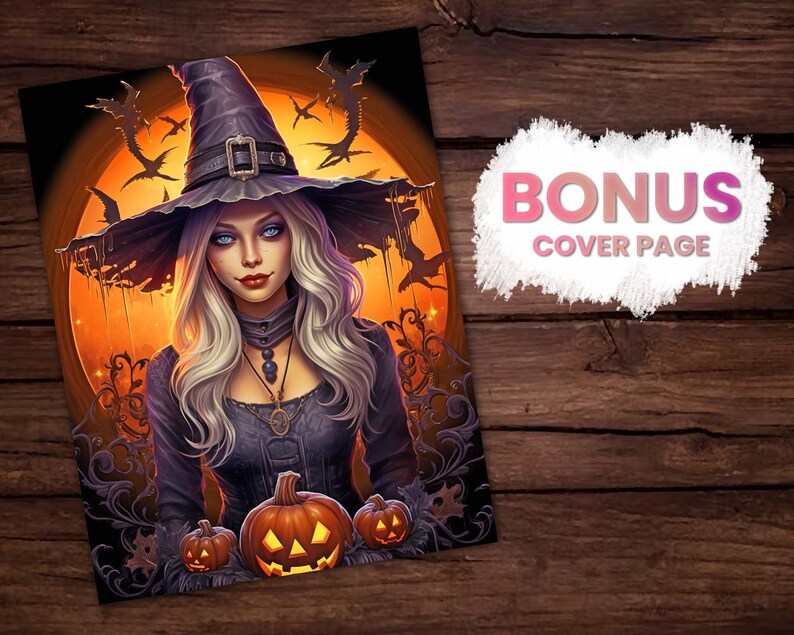 May include: A witch with long blonde hair wearing a black pointed hat and a black dress. She is holding a carved pumpkin in her right hand and two smaller pumpkins in her left hand. The background is a dark orange with bats flying around a full moon.