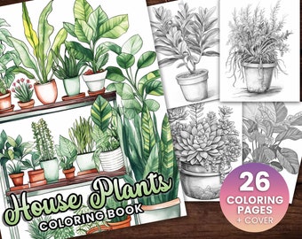 26 Houseplant Collection Coloring Page, Adults + kids- Instant Download - Grayscale Coloring Page - Gift, Printable PDF, succulent coloring