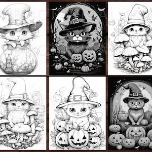 K&ouml;nnte beinhalten: Ein Set mit sechs Schwarzwei&szlig;-Malvorlagen mit niedlichen Katzen, die sich f&uuml;r Halloween als Hexen verkleidet haben. Jede Seite zeigt eine andere Katze mit einem Hexenhut und verschiedenen Halloween-Accessoires wie K&uuml;rbissen, Pilzen und Kesseln.