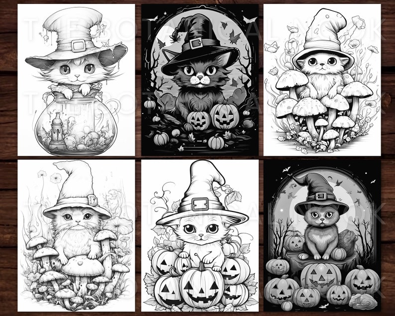 K&ouml;nnte beinhalten: Ein Set mit sechs Schwarzwei&szlig;-Malvorlagen mit niedlichen Katzen, die sich f&uuml;r Halloween als Hexen verkleidet haben. Jede Seite zeigt eine andere Katze mit einem Hexenhut und verschiedenen Halloween-Accessoires wie K&uuml;rbissen, Pilzen und Kesseln.