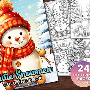 32 Snowmen Cute Animal Coloring Page Book, Adults + kids Instant Download Grayscale Coloring Page, Printable PDF holiday, cute snowman