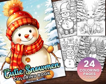 32 Snowmen Cute Animal Coloring Page Book, Adults + kids Instant Download Grayscale Coloring Page, Printable PDF holiday, cute snowman