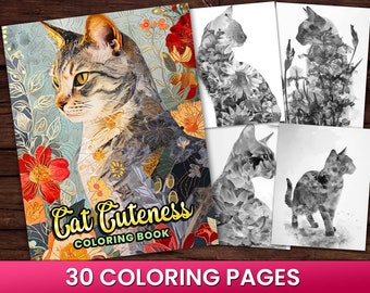 30 Cat Cuties Coloring Book, Adults kids Instant Download - Grayscale Coloring - Gift Printable PDF, Cat Coloring Book, Cute Cat Coloring