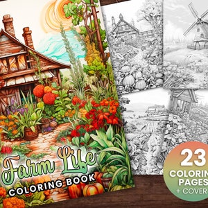 23 page Farm Life Coloring Book, Adults + kids- Instant Download - Grayscale Coloring Page - Gift, Printable PDF, farm animals, cute, food