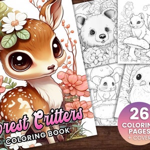 26 Forest Critters V2 Cute Animal Coloring Page Book, Adults + kids Instant Download Grayscale Coloring Page, Printable PDF Squirrel, Fox