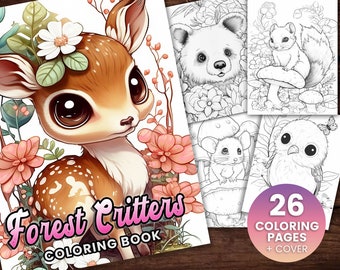 26 Forest Critters V2 Cute Animal Coloring Page Book, Adults + kids Instant Download Grayscale Coloring Page, Printable PDF Squirrel, Fox