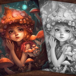 May include: A young girl with red hair wears a mushroom-shaped hat with pink and orange accents. She is surrounded by mushrooms in a forest setting.