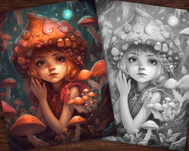 May include: A young girl with red hair wears a mushroom-shaped hat with pink and orange accents. She is surrounded by mushrooms in a forest setting.