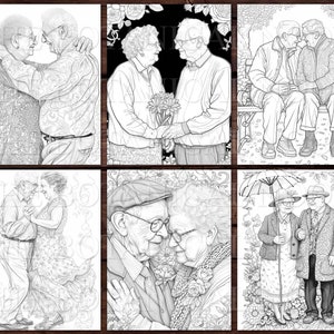 30 Elders in Love Coloring Pages Book, Adults kids Instant Download Grayscale Coloring Page, Printable PDF, Elders in love, adorable image 5