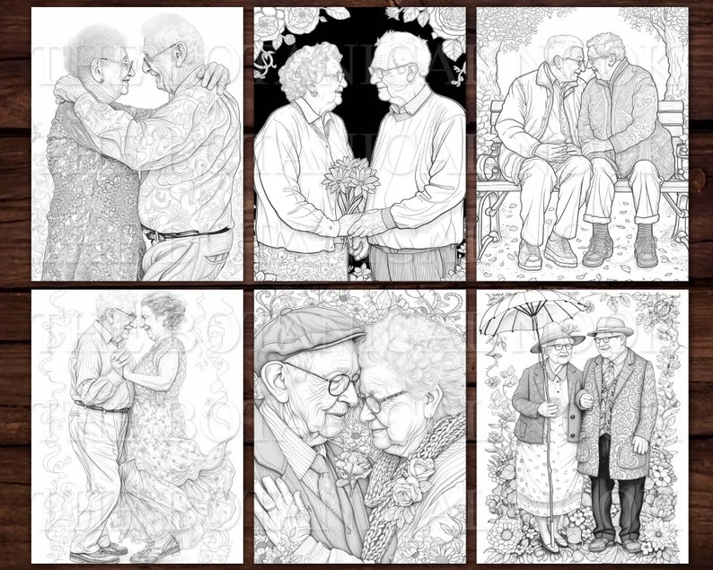 30 Elders in Love Coloring Pages Book, Adults kids Instant Download Grayscale Coloring Page, Printable PDF, Elders in love, adorable image 5