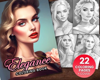 22 Elegance Beautiful Women in Dresses Flowers Coloring Page Book, Adults + kids Instant Download - Grayscale Coloring - Gift, Printable PDF