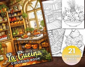 21 La Cucina Malbuch, Erwachsene Kinder Sofort Download - Graustufen Malbuch - Printable PDF, Kochbuch, Italienisches Essen, Küche, Niedlich