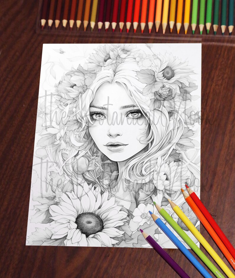 May include: Black and white illustration of a woman with long hair and a floral crown, surrounded by flowers. Colored pencils in various colors are arranged around the artwork on a wooden surface. The artwork is a coloring page.