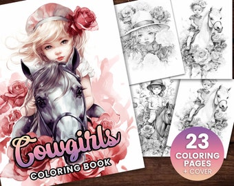 23 Cowgirls Coloring Book, Adults + kids- Instant Download - Grayscale Coloring Page - Gift, Printable Art PDF, Cowgirls, cute girls, horses