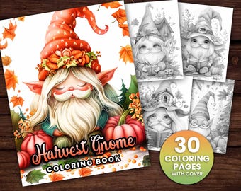 30 収穫ハロウィーン ノームぬり絵本、大人と子供の即時ダウンロード - グレースケールぬり絵ページ - 印刷可能な PDF、ノーム、ノーム、ぬり絵