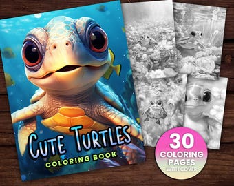 Cute Turtles Coloring Page Book, Adults + kids Instant Download Grayscale Coloring Page, Adult Coloring, Realistic Wildlife, Turtle, Ocean,